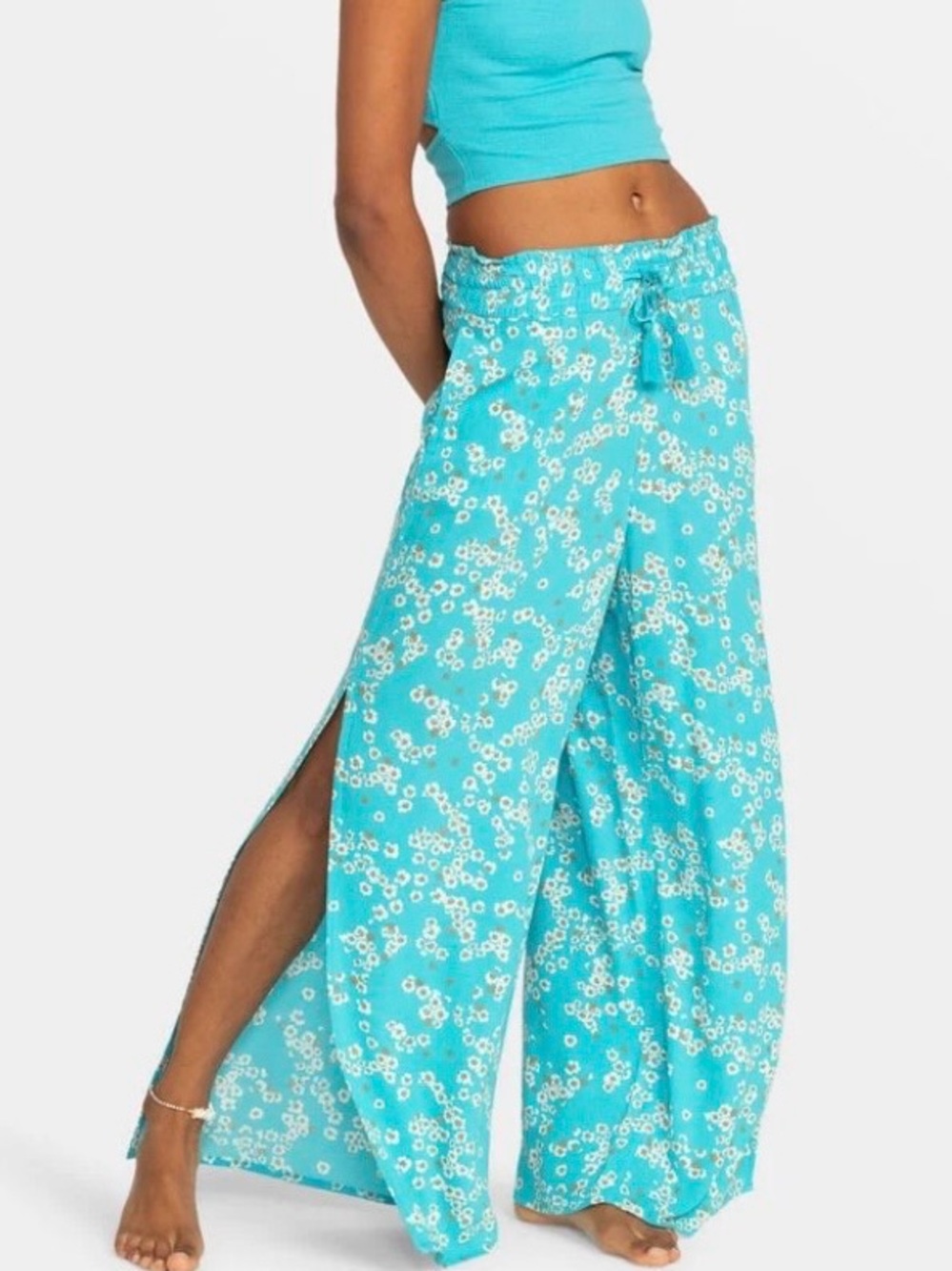Roxy Turquoise Floral Wide-Leg Slit Pants